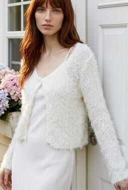 VTG Y2K Bebe Cropped White Fuzzy Knit Cardigan L 3/4 Sleeve Coquette Fairy